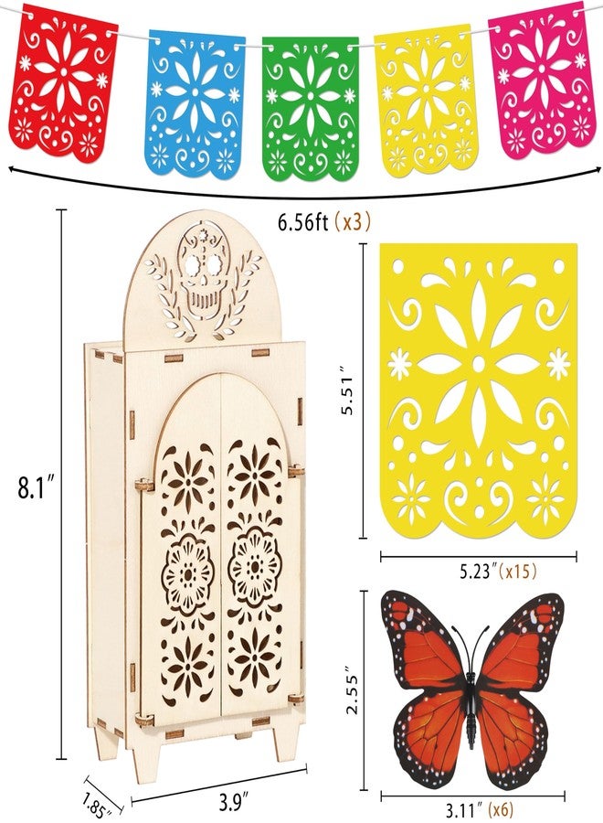 Freesdai 10Pcs Dia De Los Muertos Decorations Wooden Shadow Box Day of The Dead Ofrenda Altar Decor with Papel Picado Butterfly Remembrance Supplies - Image 3